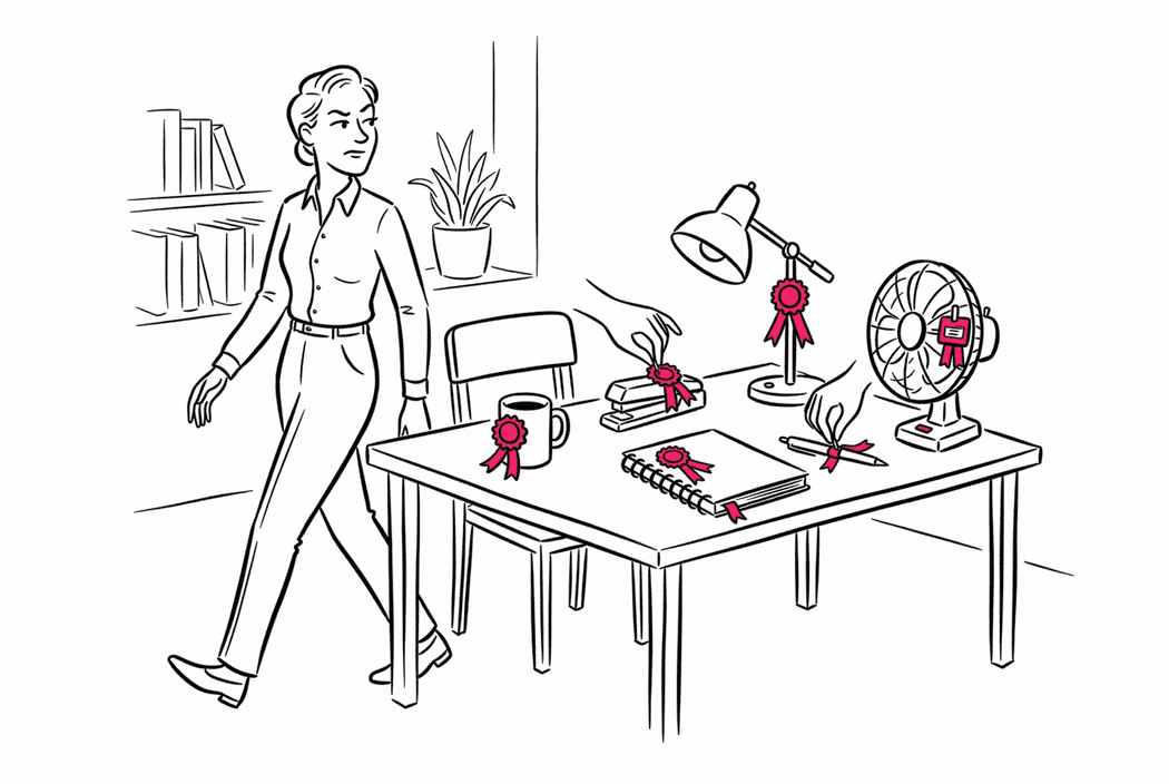 Illustration: A person walks past a desk where every object — mug, lamp, fan, stapler — has a red award ribbon attached to it.