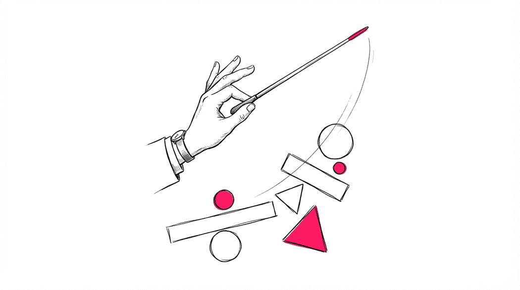 Illustration: A hand holding a conductor's baton mid-sweep, geometric shapes below floating in response to its motion.