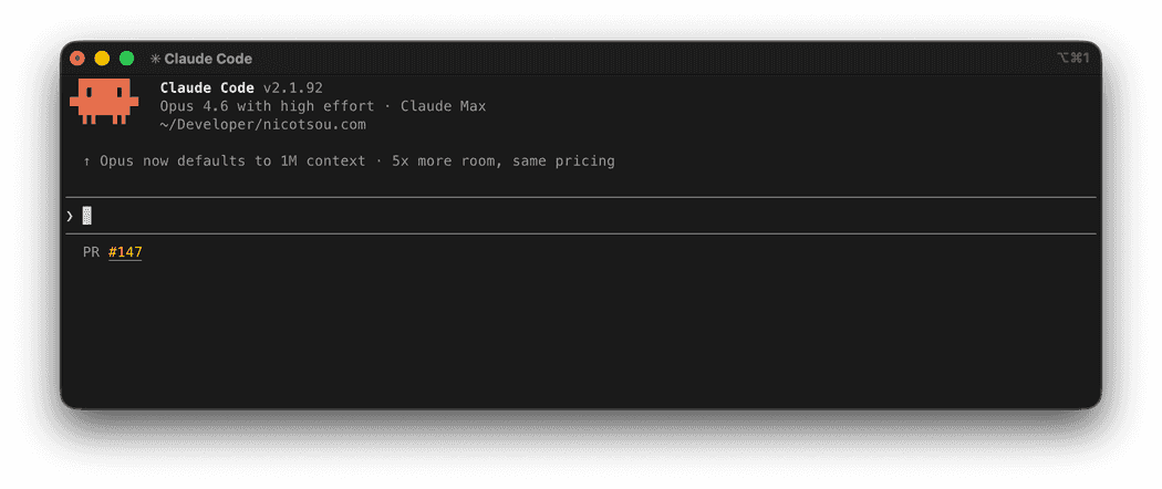 Screenshot of Claude Code v2.1.92 terminal on a dark background, showing a PR #147 prompt ready to submit.