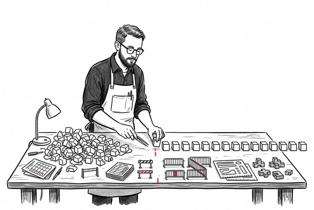 Illustration: a craftsman at a workbench arranging small wooden blocks and miniature furniture pieces, with a desk lamp and tools laid out around him.