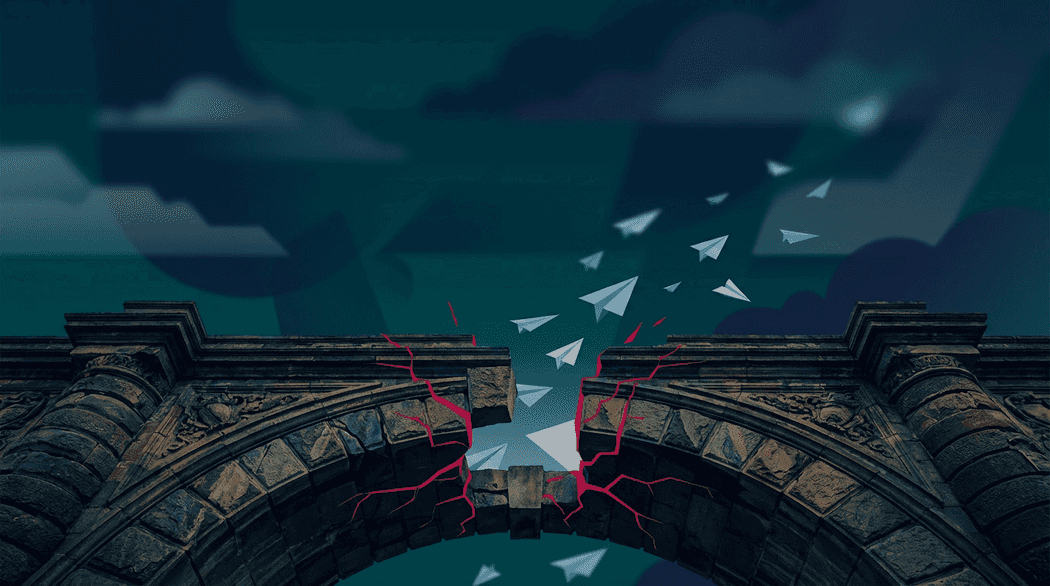 Immersive Background: A stone bridge arch cracking open at a missing keystone, paper planes flying freely through the gap against a dark teal stormy sky.