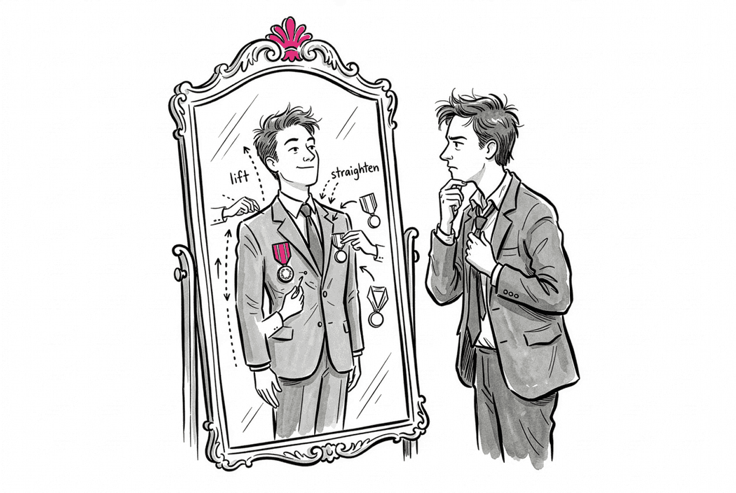 Illustration: A man looking into an ornate mirror where his reflection smiles back wearing medals and adjusting his appearance.