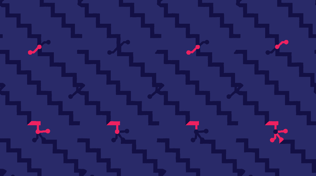 Immersive Background: Illustration of small figures climbing diagonal zigzag staircases, with some highlighted in neon pink among darker silhouettes